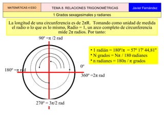 0º 90º =π /2 rad 180º =π rad 270º = 3π/2 rad 360º =2π rad La longitud de una circunferencia es de 2πR    Tomando como unidad de medida el radio o lo que es lo mismo, Radio = 1, un arco completo de circunferencia mide 2π radios. Por tanto: ,[object Object],[object Object],[object Object],1 Grados sexagesimales y radianes MATEMÁTICAS 4 ESO TEMA 8. RELACIONES TRIGONOMÉTRICAS Javier Fernández 