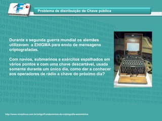 Durante a segunda guerra mundial os alemães utilizavam  a ENIGMA para envio de mensagens criptografadas.Com navios, submarinos e exércitos espalhados em vários pontos e com uma chave descartável, usada somente durante um único dia, como dar a conhecer aos operadores de rádio a chave do próximo dia? http://www.vivaolinux.com.br/artigo/Fundamentos-da-criptografia-assimetrica