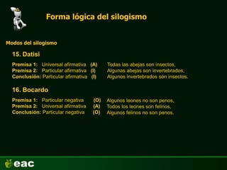 Forma lógica del silogismo
15. Datisi
Modos del silogismo
Premisa 1: Universal afirmativa (A)
Premisa 2: Particular afirmativa (I)
Conclusión: Particular afirmativa (I)
16. Bocardo
Premisa 1: Particular negativa (O)
Premisa 2: Universal afirmativa (A)
Conclusión: Particular negativa (O)
Todas las abejas son insectos,
Algunas abejas son invertebrados,
Algunos invertebrados son insectos.
Algunos leones no son penos,
Todos los leones son felinos,
Algunos felinos no son penos.
 