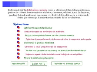 Podemos definir la  distribución en planta  como la ubicación de las distintas máquinas, puestos de trabajo, áreas de servicio al cliente, almacenes, oficinas, zonas de descanso, pasillos, flujos de materiales y personas, etc. dentro de los edificios de la empresa de forma que se consiga el mejor funcionamiento de las instalaciones. Optimizar el aprovechamiento de la mano de obra, la maquinaria y el espacio redistribución Es un ARTE Técnicas vs. Sentido común Mejorar el aspecto de las instalaciones de trabajo de cara al público. Objetivos básicos: Optimizar la capacidad productiva Reducir los costes de movimiento de materiales Proporcionar espacio suficiente para los distintos procesos Incrementar el grado de flexibilidad Garantizar la salud y seguridad de los trabajadores Facilitar la supervisión de las tareas y las actividades de mantenimiento Mejorar la satisfacción del personal. 