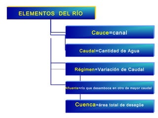 EELLEEMMEENNTTOOSS DDEELL RRÍÍOO 
CCaauuccee==ccaannaall 
CCaauuddaall==CCaannttiiddaadd ddee AAgguuaa 
RRééggiimmeenn==VVaarriiaacciióónn ddee CCaauuddaall 
AAfflluueennttee==rrííoo qquuee ddeesseemmbbooccaa eenn oottrroo ddee mmaayyoorr ccaauuddaall.. 
CCuueennccaa==áárreeaa ttoottaall ddee ddeessaaggüüee 
 
