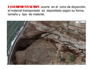 C)SEDIMENTACION: ocurre en el cono de deyección, 
el material transportado es depositado según su forma, 
tamaño y tipo de material. 
 
