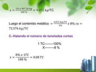 푥 = 
1% 푥 907.20 푘푔 
100 % 
= 9.072 푘푔/TC 
Luego el contenido metálico = 
9.072 푘푔/푇퐶 
1% 
푥 8% 푐푢 = 
72.576 푘푔/푇퐶 
C.-Halando el número de toneladas cortas 
1 TC--------100% 
X---------8 % 
푥 = 
8% 푥 1푇퐶 
100 % 
= 0.08 푇퐶 
 
