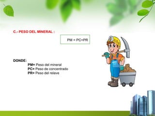 C.- PESO DEL MINERAL : 
PM = PC+PR 
DONDE: 
PM= Peso del mineral 
PC= Peso de concentrado 
PR= Peso del relave 
 