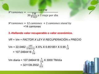 푁°푐푎푚푖표푛푒푠 = 
360 푇푀 
30 
푇푀 
푉푖푎푗푒 
푥 1 푣푖푎푗푒 푝표푟 푑푖푎 
푁°푐푎푚푖표푛푒푠 = 12 푐푎푚푖표푛푒푠 + 2 푐푎푚푖표푛푒푠 푠푡푎푛푑 푏푦 
=14 camiones 
3.-Hallando valor recuperable o valor económico. 
VR = Vm = FACTOR X LEY X RECUPERACIÓN x PRECIO 
Vm = 22.0462 
퐿퐵푆 
1푇푀푋1% 
X 6% X 0.851851 X 0.95 
$ 
퐿퐵 
= 107.0464418 
$ 
푇푀 
Vm diaria = 107.0464418 
$ 
푇푀 
X 3000 TM/día 
= 321139.2932 
$ 
퐷퐼퐴 
 