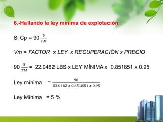 6.-Hallando la ley mínima de explotación. 
Si Cp = 90 
$ 
푇푀 
Vm = FACTOR x LEY x RECUPERACIÓN x PRECIO 
90 
$ 
푇푀 
= 22.0462 LBS x LEY MÍNIMA x 0.851851 x 0.95 
Ley mínima = 
90 
22.0462 푥 0.851851 푥 0.95 
Ley Mínima = 5 % 
 