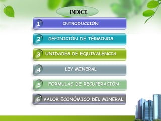 INDICE 
INTRODUCCIÓN 
DEFINICIÓN DE TÉRMINOS 
UNIDADES DE EQUIVALENCIA 
1 
2 
3 
4 LEY MINERAL 
5 FORMULAS DE RECUPERACIÓN 
6 VALOR ECONÓMICO DEL MINERAL 
 
