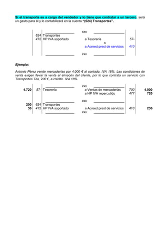 Si el transporte es a cargo del vendedor y lo tiene que contratar a un tercero, será
un gasto para él y lo contabilizará en la cuenta “(624) Transportes”.
________________ xxx _________________
624
472
Transportes
HP IVA soportado a Tesorería
o
a Acreed prest de servicios
57-
410
________________ xxx _________________
Ejemplo:
Antonio Pérez vende mercaderías por 4.000 € al contado. IVA 18%. Las condiciones de
venta exigen llevar la venta al almacén del cliente, por lo que contrata un servicio con
Transportes Tea, 200 €, a crédito. IVA 18%
________________ xxx _________________
4.720 57- Tesorería a Ventas de mercaderías
a HP IVA repercutido
700
477
4.000
720
________________ xxx _________________
200
36
624
472
Transportes
HP IVA soportado a Acreed prest de servicios 410 236
________________ xxx _________________
 