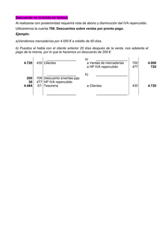 Descuento no incluido en factura
Al realizarse con posterioridad requerirá nota de abono y disminución del IVA repercutido.
Utilizaremos la cuenta 706. Descuentos sobre ventas por pronto pago.
Ejemplo:
a)Vendemos mercaderías por 4.000 € a crédito de 60 días.
b) Puestos al habla con el cliente anterior 20 días después de la venta, nos adelanta el
pago de la misma, por lo que le hacemos un descuento de 200 €.
________________ a) _________________
4.720 430 Clientes a Ventas de mercaderías
a HP IVA repercutido
700
477
4.000
720
________________ b) _________________
200
36
4.484
706
477
57-
Descuento s/ventas ppp
HP IVA repercutido
Tesorería a Clientes 430 4.720
________________ _________________
 