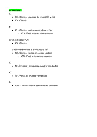 ACTIVIDAD 1
a)
 433. Clientes, empresas del grupo (434 y 435)
 430. Clientes
b)
 431. Clientes, efectos comerciales a cobrar
o 4310. Efectos comerciales en cartera
c) Ciñéndonos al PGC:
 430. Clientes
Creando subcuentas al efecto podría ser:
 439. Clientes, efectos sin aceptar a cobrar
o 4390. Efectos sin aceptar en cartera
d)
 437. Envases y embalajes a devolver por clientes
e)
 704. Ventas de envases y embalajes
f)
 4309. Clientes, facturas pendientes de formalizar
 