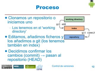 Proceso
●    Clonamos un repositorio o
    iniciamos uno
    –   Los tenemos en el 'working
        directory'
● Editamos, añadimos ficheros y
 los añadimos a git (los tenemos
 también en index)
● Decidimos confirmar los
 cambios (commit) → pasan al
 repositorio (HEAD)
                                Control de versiones   12
 