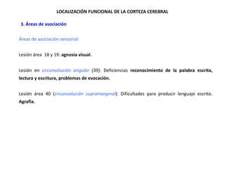 LOCALIZACIÓN FUNCIONAL DE LA CORTEZA CEREBRAL
•3. Áreas de asociación
Áreas de asociación sensorial:
Lesión área 18 y 19: agnosia visual.
Lesión en circunvolución angular (39): Deficiencias reconocimiento de la palabra escrita,
lectura y escritura, problemas de evocación.
Lesión área 40 (circunvolución supramarginal): Dificultades para producir lenguaje escrito.
Agrafía.

 