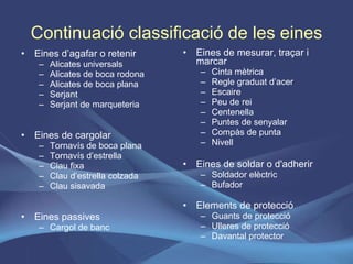 Continuació classificació de les eines Eines d’agafar o retenir Alicates universals Alicates de boca rodona Alicates de boca plana Serjant Serjant de marqueteria Eines de cargolar Tornavís de boca plana Tornavís d’estrella Clau fixa Clau d’estrella colzada Clau sisavada Eines passives Cargol de banc Eines de mesurar, traçar i marcar Cinta mètrica Regle graduat d’acer Escaire Peu de rei Centenella Puntes de senyalar Compàs de punta Nivell Eines de soldar o d'adherir Soldador elèctric Bufador Elements de protecció Guants de protecció Ulleres de protecció Davantal protector 