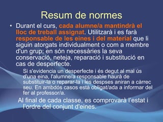 Resum de normes Durant el curs,   cada alumne/a mantindrà el lloc de treball assignat . Utilitzarà i es farà   responsable de les eines i del material   que li siguin atorgats individualment o com a membre d'un grup; en són necessàries la seva conservació, neteja, reparació i substitució en cas de desperfecte. Si s'evidencia un desperfecte i és degut al mal ús d'una eina, l'alumne/a responsable haurà de substituir-la o reparar-la i les despses aniran a càrrec seu. En ambdós casos està obligat/ada a informar del fer al professor/a.  Al final de cada classe, es comprovarà l’estat i l’ordre del conjunt d'eines. 