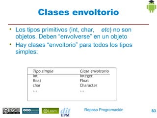 Clases envoltorio

    Los tipos primitivos (int, char, etc) no son
    objetos. Deben “envolverse” en un objeto

    Hay clases “envoltorio” para todos los tipos
    simples:


          Tipo simple       Clase envoltorio
          int               Integer
          float             Float
          char              Character
          ...               ...




                              Repaso Programación   83
 