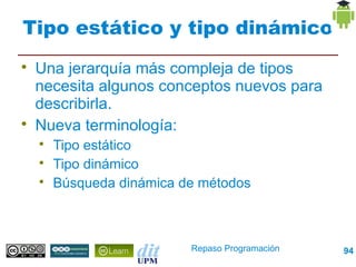 Tipo estático y tipo dinámico

    Una jerarquía más compleja de tipos
    necesita algunos conceptos nuevos para
    describirla.

    Nueva terminología:
    
        Tipo estático
    
        Tipo dinámico
    
        Búsqueda dinámica de métodos



                           Repaso Programación   94
 