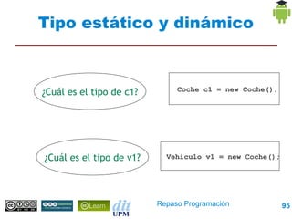 Tipo estático y dinámico



¿Cuál es el tipo de c1?        Coche c1 = new Coche();




¿Cuál es el tipo de v1?     Vehiculo v1 = new Coche();




                          Repaso Programación            95
 
