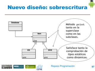 Nuevo diseño: sobrescritura


                         Método print
                         tanto en la
                         superclase
                         como en las
                         subclases.



                          Satisface tanto la
                          comprobación de
                           tipos estáticos
                          como dinámicos.


              Repaso Programación              97
 