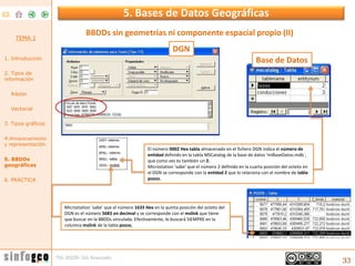 5. Bases de Datos Geográficas<br />33<br />BBDDs sin geometrías ni componente espacial propio (II)<br />TEMA 1<br />DGN<br...