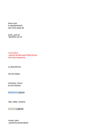 orno Windows cuya
así como la representación
dad de utilizar como base de


de la aplicación, que se
o, esta se identifica con el




c derecho en el menu
vo Hoja de cálculo de Microsoft Office Excel
 arle el nombre que deseemos.



mentos que describimos


se introducen los datos.

 culo.

 nombre del fichero. Como
 encuentran los botones




ambio.

, herramientas, tabla, ventana




es mas comunes, para
n derecho, pulsamos personalizar.
 ra y listo.
 