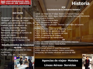 Historia XVI-XVIII Inglaterra: en rutas de diligencias *Posadas y tabernas de mejor calidad para personas adineradas, se vuelven punto de reunión de políticos, sacerdotes, nobles. *Aparecen barcos de vapor, ferrocarril, aumenta el número de viajes por placer.  *Surgen los primeros hoteles. * Hotel Enrique IV Nantes 1788 Establecimientos de hospedaje en EUA *1770 primeras posadas en rutas mar ítimas. *1794- USA, NY - City Hotel XIX Crecimiento de la Industria Hotelera 1829- 1er Hotel de 1ª clase: Boston`s Tremont House (170 hab,cerraduras, jabón, agua, maleteros,cocina francesa) Nacimiento de la industria hotelera. *1834- Tubería interna-Astor *1853- Elevadores de vapor. 1841-1er viaje organizado- Thomas Cook-Padre del turismo organizado. *1874 César Ritz padre de la hotelería  *1845- Inicio de las agencia de viajes *1867- Creación de los cupones de viaje. 1878- 1ª Asociaci ón de Hoteles 1894-Teléfono en las habitaciones XX 1901- 1er motel-demanda del automovilista-negocios 1908- Ellsworth Statler- Hotel Buffalo  Statler- cadena hotelera 1922-Cornell School of Hotel Management 1950- boom de los moteles, vuelos comerciales,  franquicias, los hoteles refuerzan servicios de A&B Agencias de viajes- Moteles L íneas Aéreas- Servicios 