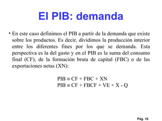 Pág.  En este caso definimos el PIB a partir de la demanda que existe sobre los productos. Es decir, dividimos la producción interior entre los diferentes fines por los que se demanda. Esta perspectiva es la del gasto y en el PIB es la suma del consumo final (CF), de la formación bruta de capital (FBC) o de las exportaciones netas (XN): PIB    CF + FBC + XN    PIB    CF + FBCF + VE + X - Q  El PIB: demanda 