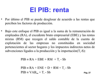 Pág.  Por último el PIB se puede desglosar de acuerdo a las rentas que perciben los factores de producción.  Bajo este enfoque el PIB es igual a la suma de la remuneración de empleados (RA), el excedente bruto empresarial (EBE) y las rentas mixtas (RM) que recogen el saldo contable de la cuenta de explotación de las empresas no constituidas en sociedad pertenecientes al sector hogares y los impuestos indirectos netos de subvenciones ligados a la producción y la importación(T i -S):  PIB    RA + EBE + RM  + T i  - Sb   PIB    RA + ENE + D + RM + T i  - Sb PIB    VAB pb  + T i  - Sb   El PIB: renta 