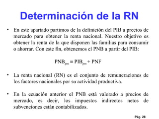 Pág.  En este apartado partimos de la definición del PIB a precios de mercado para obtener la renta nacional. Nuestro objetivo es obtener la renta de la que disponen las familias para consumir o ahorrar. Con este fin, obtenemos el PNB a partir del PIB: PNB pm     PIB pm  + PNF La renta nacional (RN) es el conjunto de remuneraciones de los factores nacionales por su actividad productiva.  En la ecuación anterior el PNB está valorado a precios de mercado, es decir, los impuestos indirectos netos de subvenciones están contabilizados.    Determinación de la RN 