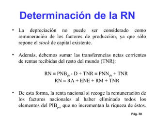 Pág.  La depreciación no puede ser considerado como remuneración de los factores de producción, ya que sólo repone el  stock  de capital existente. Además, debemos sumar las transferencias netas corrientes de rentas recibidas del resto del mundo (TNR): RN    PNB pb  - D + TNR    PNN pb  + TNR    RN    RA + ENE + RM + TNR  De esta forma, la renta nacional si recoge la remuneración de los factores nacionales al haber eliminado todos los elementos del PIB pm  que no incrementan la riqueza de éstos.  Determinación de la RN 