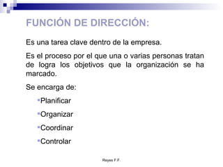 FUNCIÓN DE DIRECCIÓN: Es una tarea clave dentro de la empresa. Es el proceso por el que una o varias personas tratan de logra los objetivos que la organización se ha marcado. Se encarga de: Planificar Organizar Coordinar Controlar 