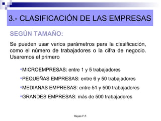 3.- CLASIFICACIÓN DE LAS EMPRESAS SEGÚN TAMAÑO: Se pueden usar varios parámetros para la clasificación, como el número de trabajadores o la cifra de negocio. Usaremos el primero MICROEMPRESAS: entre 1 y 5 trabajadores PEQUEÑAS EMPRESAS: entre 6 y 50 trabajadores MEDIANAS EMPRESAS: entre 51 y 500 trabajadores GRANDES EMPRESAS: más de 500 trabajadores 