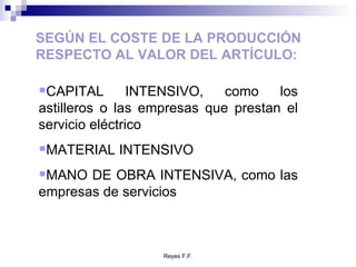 SEGÚN EL COSTE DE LA PRODUCCIÓN RESPECTO AL VALOR DEL ARTÍCULO: CAPITAL INTENSIVO, como los astilleros o las empresas que prestan el servicio eléctrico MATERIAL INTENSIVO MANO DE OBRA INTENSIVA, como las empresas de servicios 