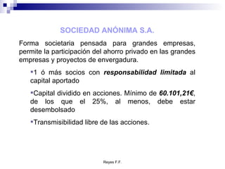SOCIEDAD ANÓNIMA S.A. Forma societaria pensada para grandes empresas, permite la participación del ahorro privado en las grandes empresas y proyectos de envergadura. 1 ó más socios con  responsabilidad limitada  al capital aportado Capital dividido en acciones. Mínimo de  60.101,21€ , de los que el 25%, al menos, debe estar desembolsado Transmisibilidad libre de las acciones. 