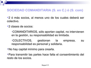 SOCIEDAD COMANDITARIA (S. en C.) ó (S. com) 2 ó más socios, al menos uno de los cuales deberá ser colectivo. 2 clases de socios: COMANDITARIOS, sólo aportan capital, no intervienen en la gestión, su responsabilidad es limitada. COLECTIVOS, gestionan la empresa, su responsabilidad es personal y solidaria. No hay capital mínimo para crearla. Para transmitir las partes hace falta el consentimiento del resto de los socios. 