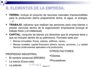 B. ELEMENTOS DE LA EMPRESA: TIERRA:  incluye el conjunto de recursos naturales imprescindibles para la producción (tierra propiamente dicha, el agua, la energía,….) TRABAJO:  esfuerzo que realizan las personas para crea bienes o prestar servicios dentro de la organización empresarial (incluye el trabajo físico y el intelectual) CAPITAL:  conjunto de bienes y/o derechos que la empresa tiene y que se incluyen dentro de su patrimonio. Formado tanto por:  Bienes inmuebles: fincas, solares, edificios, naves,.. Bienes muebles: capital financiero (dinero, bonos, acciones,..) y capital técnico (instrumentos aplicados a la producción) PROPIEDAD INDUSTRIAL El nombre comercial (EROSKI) La marca (Coca-cola) La patente OTROS FACTORES   Clientes Proveedores C PR pág 9 