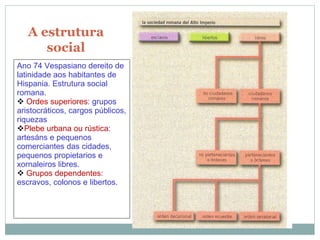 A estrutura social Ano 74 Vespasiano dereito de latinidade aos habitantes de Hispania. Estrutura social romana. Ordes superiores : grupos aristocráticos, cargos públicos, riquezas Plebe urbana ou rústica : artesáns e pequenos comerciantes das cidades, pequenos propietarios e xornaleiros libres. Grupos dependentes : escravos, colonos e libertos.  