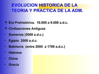 EVOLUCION HISTORICA DE LA
TEORIA Y PRACTICA DE LA ADM.
 Era Prehistórica. 10.000 a 9.000 a.d.c.
 Civilizaciones Antiguas
• Sumerios (5000 a.d.c.)
• Egipto 2000 a.d.c.
• Babilonia (entre 2000 a 1700 a.d.c.)
• Hebreos
• China
• Grecia
 