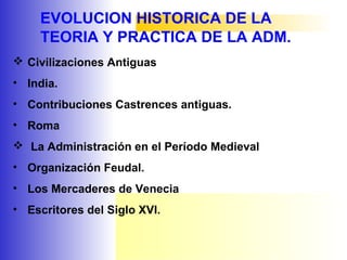 EVOLUCION HISTORICA DE LA
TEORIA Y PRACTICA DE LA ADM.
 Civilizaciones Antiguas
• India.
• Contribuciones Castrences antiguas.
• Roma
 La Administración en el Período Medieval
• Organización Feudal.
• Los Mercaderes de Venecia
• Escritores del Siglo XVI.
 