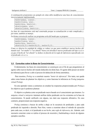 Inteligencia Artificial 1                          Tema 1. Lenguaje PROLOG: Conceptos
                                                                                         .
A continuación proponemos un ejemplo de cómo debe modificarse una base de conocimientos
incorrectamente implementada.
     madre(pepa, juana).
     madre(juana, ana).
     madre(ana, beatriz).
     abuela(pepa, ana).
     abuela(juana, beatriz).
La base de conocimientos está mal construida porque su actualización es más complicada y,
por tanto, también su manejo.
La forma correcta de realizar ese programa sería del modo que se propone:
      madre(pepa, juana).
      madre(juana, ana).
      madre(ana, beatriz).
      abuela(X,Y):-madre(X,Z), madre(Z,Y).
Como se observa la cantidad de código se reduce ya que para establecer nuevos hechos del
mundo real: "ser madre" o "ser abuela" basta con introducir nuevos predicados del tipo madre
ya que el hecho de "ser abuela" se deduce en función de la regla de inferencia especificada con
el predicado abuela.



3.2    Consultas sobre la Base de Conocimientos
     Evidentemente, las bases de conocimientos se construyen con el fin de que preguntemos al
agente sobre nuevos hechos del mundo deducidos de dicha base. El agente debe poseer un motor
de inferencia para llevar a cabo el proceso de deducción de forma automática.
     Para nosotros, Prolog va a constituir nuestro "motor de inferencia". Por tanto, nos queda
saber como hemos de plantear los objetivos y como funciona la inferencia en Prolog (máquina
virtual Prolog).
     En este apartado vamos a centrarnos en estudiar las respuestas proporcionadas por Prolog a
los objetivos que le podemos plantear.
    El objetivo se plantea como un predicado nuevo basado en el conocimiento que tenemos. La
máquina virtual o intérprete intentará unificar dicho predicado con los existentes en la base de
conocimientos. Si puede unificarlo con alguno, nos dará una respuesta afirmativa. En caso
contrario, proporcionará una respuesta negativa.
    Prolog comienza a buscar de arriba a abajo en la secuencia de predicados y para cada
predicado de izquierda a derecha. Pues bien, vamos a examinar ahora el método de ejecución
para cada caso, es decir, si el predicado es un hecho, una regla de inferencia, etc. Además, será
necesario concretar como se realiza el proceso de recursión y backtracking a través de algunos
ejemplos sencillos.



Ing. M. Sc. Pilar Urrutia U.                                                        Página 8 de 20
 