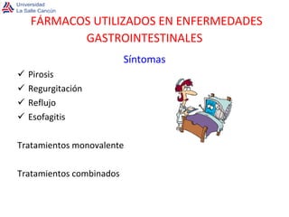 Síntomas Pirosis Regurgitación Reflujo Esofagitis Tratamientos monovalente Tratamientos combinados FÁRMACOS UTILIZADOS EN ENFERMEDADES GASTROINTESTINALES 