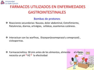 FÁRMACOS UTILIZADOS EN ENFERMEDADES GASTROINTESTINALES Bombas de protones Reacciones secundarias: Nausea, dolor abdominal, Estreñimiento, flatulencias, diarrea, artralgias,  cefaleas, exantemas cutáneos. Interactuar con las warfinas,  Diazepan(esomeprazol y omeprazol) ,  ciclosporinas. Farmacocinética: 30 min antes de los alimentos, alimento  el efecto, necesita un pH  H2  la efectividad 