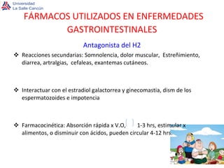 FÁRMACOS UTILIZADOS EN ENFERMEDADES GASTROINTESTINALES Antagonista del H2 Reacciones secundarias: Somnolencia, dolor muscular,  Estreñimiento, diarrea, artralgias,  cefaleas, exantemas cutáneos. Interactuar con el estradiol galactorrea y ginecomastia, dism de los espermatozoides e impotencia Farmacocinética: Absorción rápida x V.O,  1-3 hrs, estimular x alimentos, o disminuir con ácidos, pueden circular 4-12 hrs. 