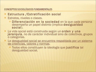 Estructura /Estratificación social Estratos, niveles o clases.  Diferenciación en la sociedad  en la que cada persona desempeña un papel distinto (implica  desigualdad social ). La vida social está construida según un  orden y una jerarquía , no de carácter individual sino de colectivos, grupos o categorías. La  desigualdad social se encuentra respaldada por un sistema de creencias, valores y normas . Todos ellos constituyen la ideología que  justifica  tal desigualdad social. 