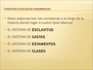 Estos sistemas han ido cambiando a lo largo de la historia dando lugar a cuatro tipos básicos : EL SISTEMA DE  ESCLAVITUD EL SISTEMA DE  CASTAS EL SISTEMA DE  ESTAMENTOS EL SISTEMA DE  CLASES 