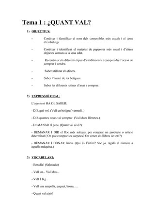 Tema 1 : ¿QUANT VAL?
 1) OBJECTIUS:

   -         Conèixer i identificar el nom dels comestibles més usuals i el tipus
             d’embalatge.

   -         Conèixer i identificar el material de papereria més usual i d’altres
             objectes comuns a la seua edat.

   -          Reconèixer els diferents tipus d’establiments i comprendre l’acció de
             comprar i vendre.

   -          Saber utilitzar els diners.

   -         Saber l’horari de les botigues.

   -         Saber les diferents rutines d’anar a comprar.


 2) EXPRESSIÓ ORAL:

   L’aprenent HA DE SABER:

   - DIR què vol. (Vull un bolígraf vermell. )

   - DIR quantes coses vol comprar. (Vull dues llibretes.)

   - DEMANAR el preu. (Quant val això?)

   - DEMANAR I DIR el lloc més adequat per comprar un producte o article
   determinat ( On puc comprar les carpetes? On venen els llibres de text?)

   - DEMANAR I DONAR tanda. (Qui és l’últim? Sóc jo. Agafa el número a
   aquella màquina.)


 3) VOCABULARI:

   - Bon dia! (Salutació)

   - Vull un... Vull dos...

   - Vull 1 Kg...

   - Vull una ampolla, paquet, bossa, …

   - Quant val això?
 