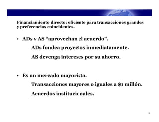 Financiamiento directo: eficiente para transacciones grandes
y preferencias coincidentes.


• ADs y AS “aprovechan el acuerdo”.
      ADs fondea proyectos inmediatamente.
      AS devenga intereses por su ahorro.


• Es un mercado mayorista.
      Transacciones mayores o iguales a $1 millón.
      Acuerdos institucionales.


                                                               10
 