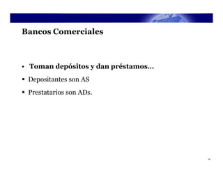 Bancos Comerciales



• Toman depósitos y dan préstamos…
 Depositantes son AS
 Prestatarios son ADs.




                                     19
 