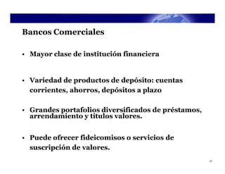 Bancos Comerciales

• Mayor clase de institución financiera


• Variedad de productos de depósito: cuentas
  corrientes, ahorros, depósitos a plazo

• Grandes portafolios diversificados de préstamos,
  arrendamiento y títulos valores.


• Puede ofrecer fideicomisos o servicios de
  suscripción de valores.
                                                     27
 