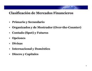 Clasificación de Mercados Financieros

• Primario y Secundario
• Organizados y de Mostrador (Over-the-Counter)
• Contado (Spot) y Futuros
• Opciones
• Divisas
• Internacional y Doméstico
• Dinero y Capitales


                                                  36
 