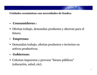 Unidades económicas con necesidades de fondeo.



• Consumidores :
 Ofertan trabajo, demandan productos y ahorran para el
  futuro.
• Empresas:
 Demandan trabajo, ofertan productos e invierten en
  activos productivos.
• Gobiernos:
 Colectan impuestos y proveen “bienes públicos”
  (educación, salud, etc).
                                                          5
 